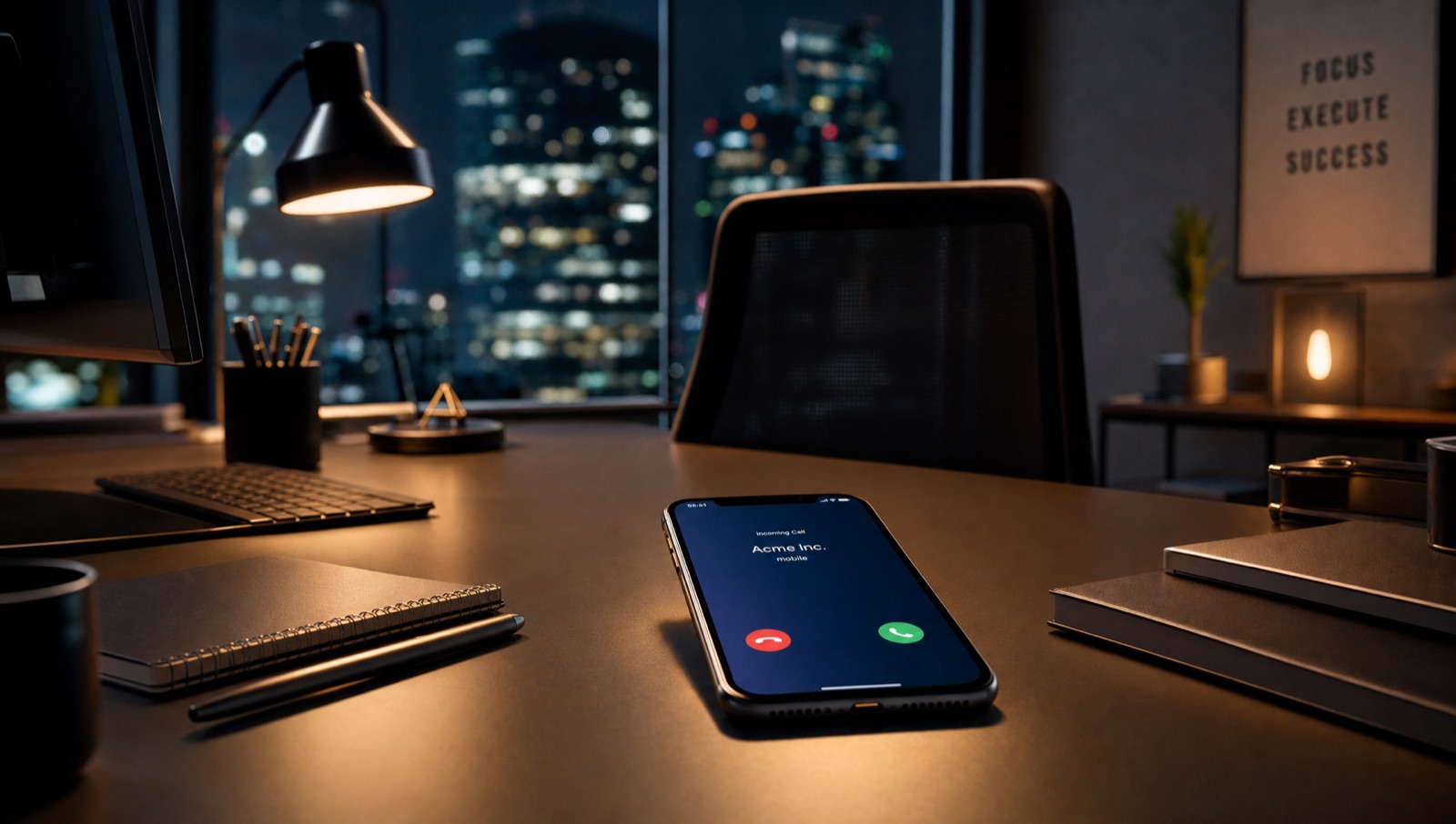 A phone ringing unanswered on a dark office desk at night